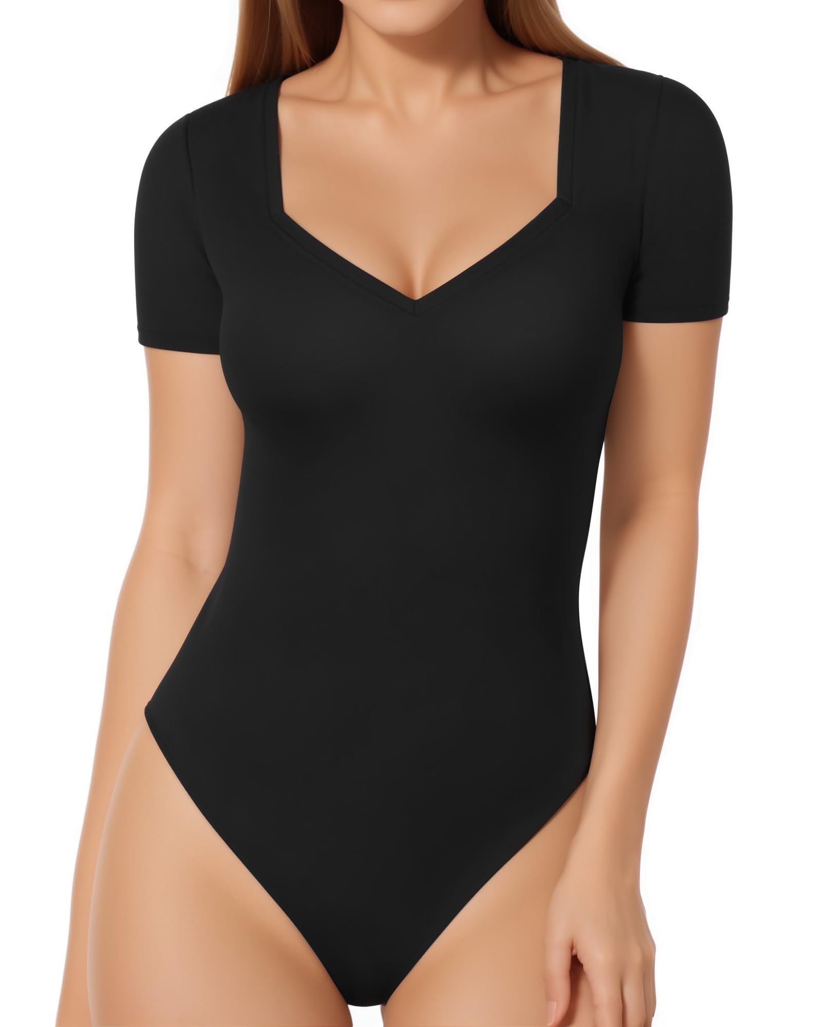 Women's Sweetheart V Neck Short Sleeve/Long Sleeve Tops Bodysuit Jumpsuits (A01 Short Sleeve - Black, Medium)-image-16