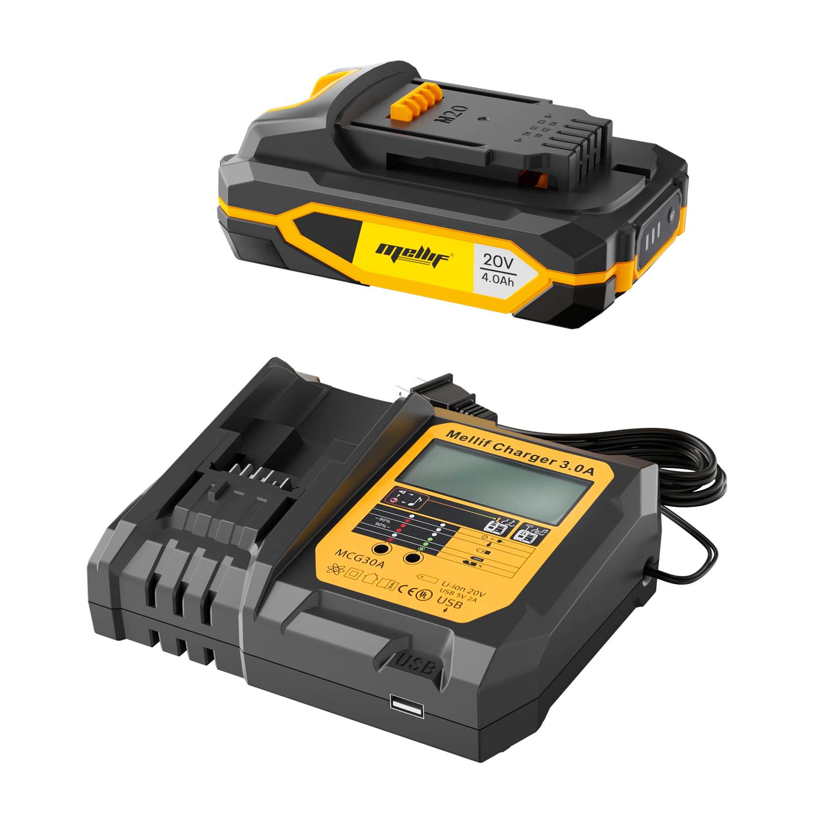 Mellif 20V 4.0Ah Battery & Fast Charger Kit – 80-Minute Charge, 5V 2A USB Port, Smart Charging, 5-Year Warranty, Compatible With Mellif & DeWalt 20V Tools