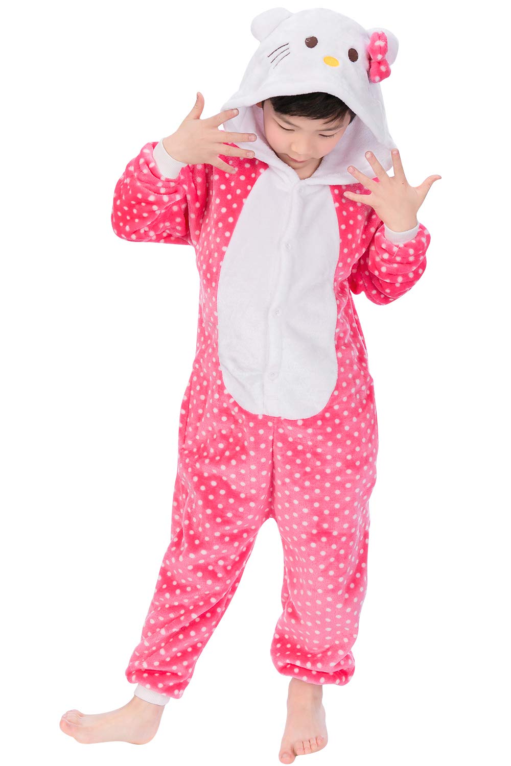 Dolamen Kids Unisex Onesies Kigurumi Pyjamas, Girls Boys Flannel Animal Sleepsuit Nightwear Hoodie, Halloween Costume Clothing, Xmas, Cosplay Party (130 fit for Height 120-130CM (47"-51"), Hellokitty)
