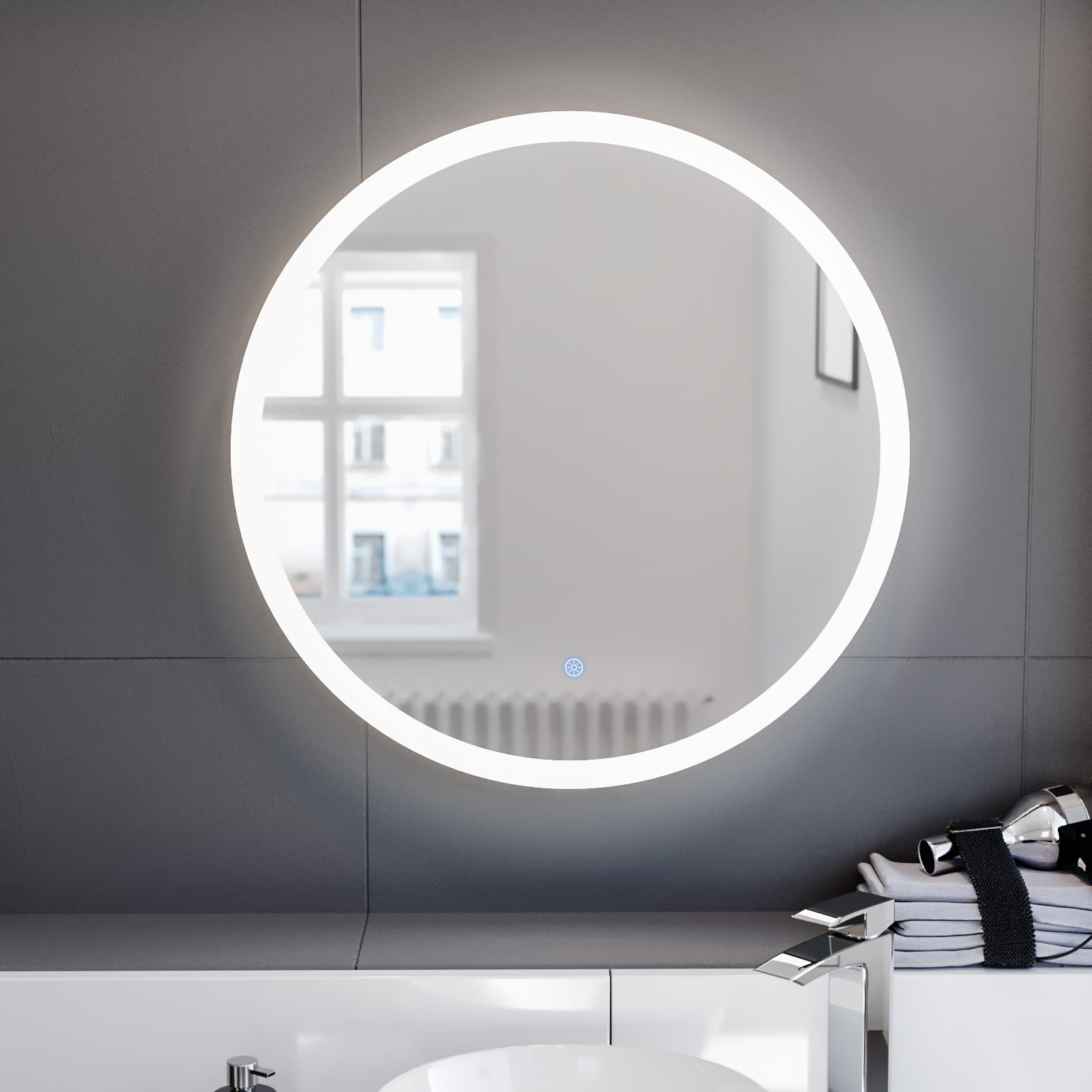 Nes Home Modern Round Bathroom Led Mirror With Battery Powered Touch 600Mm
