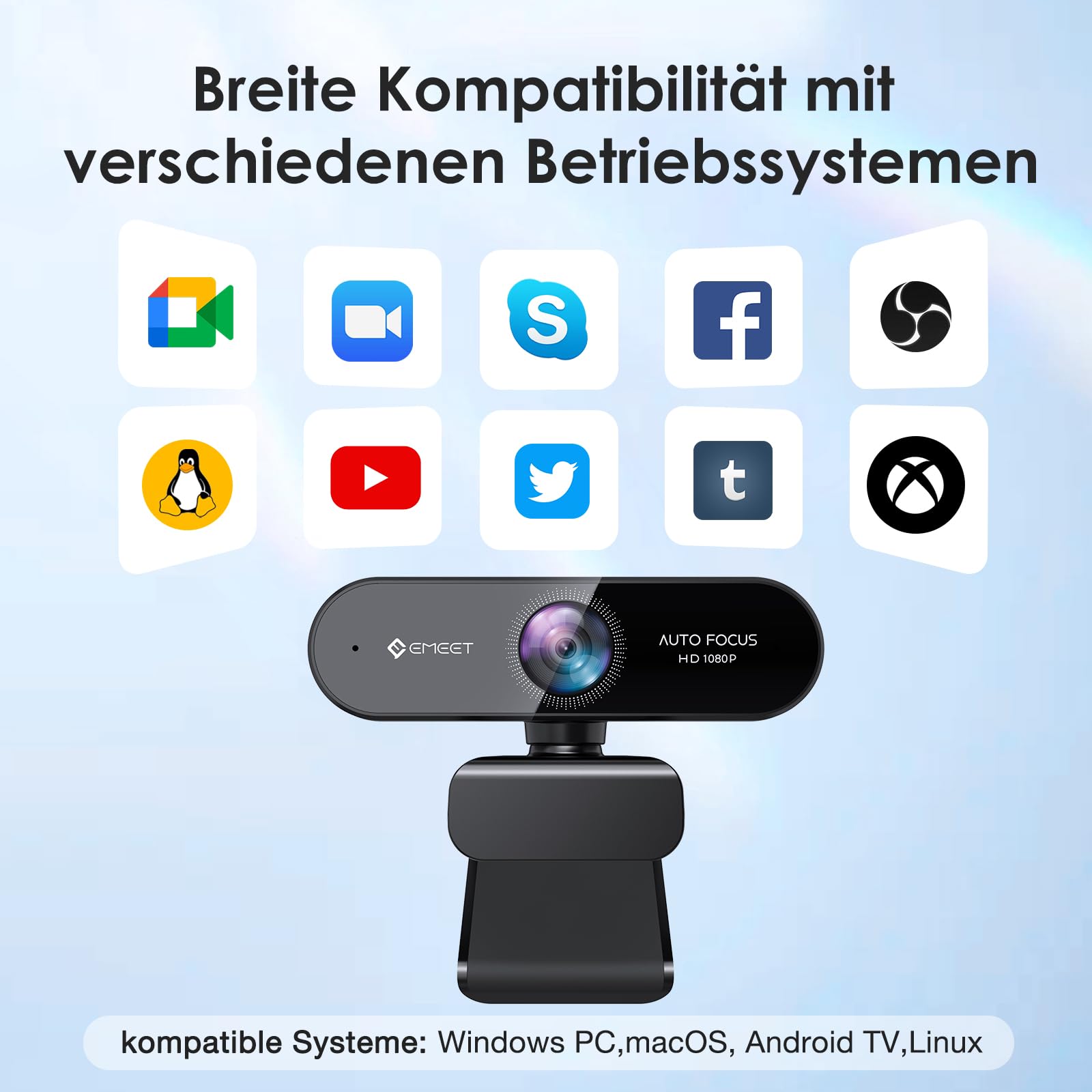 EMEET NOVA Webcam 1080P Full HD Autofokus 96° Weitwinkel Rauschunterdrückung
