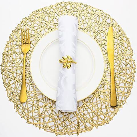 Evevda Gold Round Placemats for Dining Table Set of 6 Metallic Pressed Vinyl Circle Table Mats Wipeable Hollowout Place Mats for Table Decor Holiday Wedding Accent Centerpiece(Line, Gold) Cover
