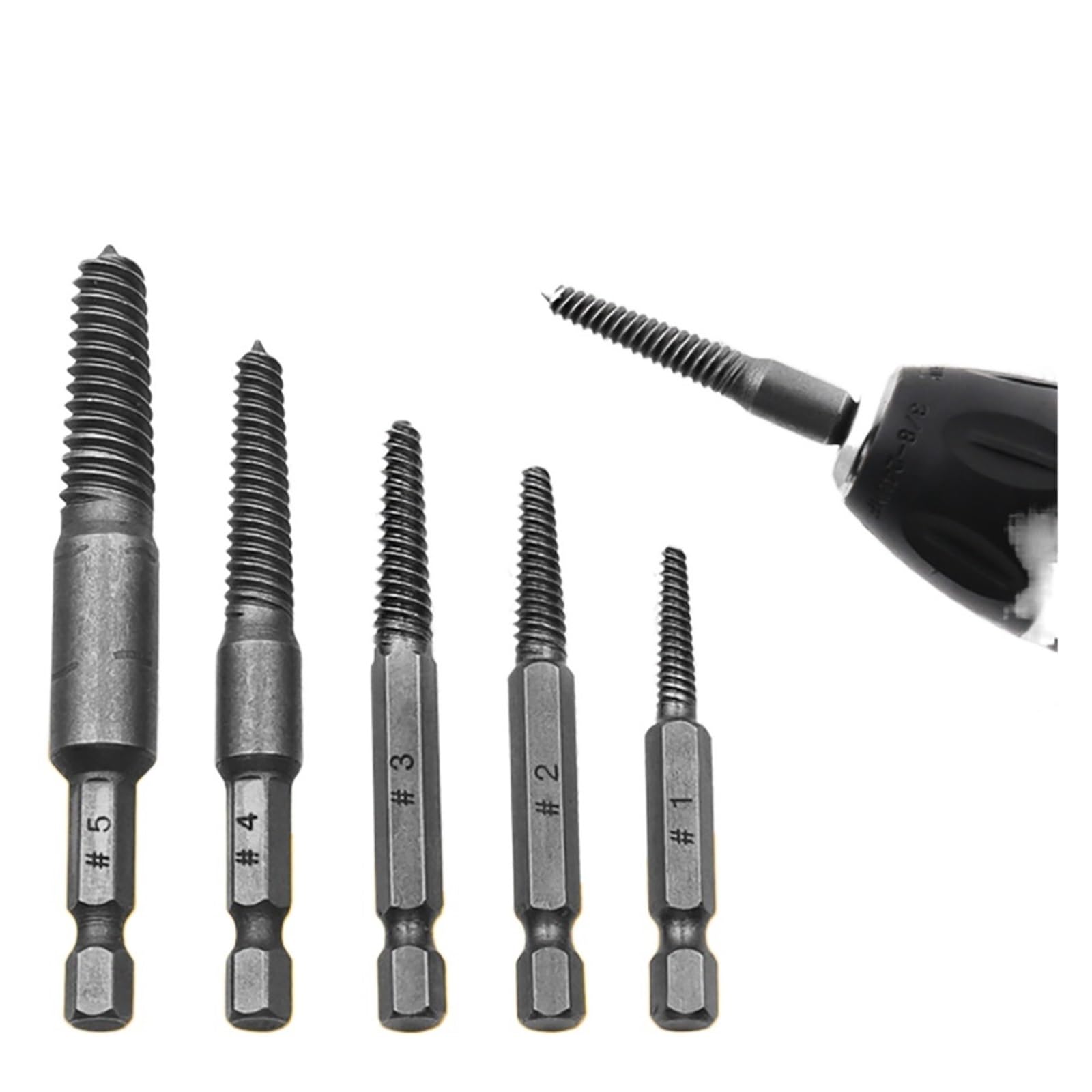 6/5 pezzi Estrattore per viti rotte Estrattore per viti danneggiate e spanate Set di estrattori per viti con gambo esagonale Denti fini Strumento di rimozione dei bulloni danneggiati Kit di facile u