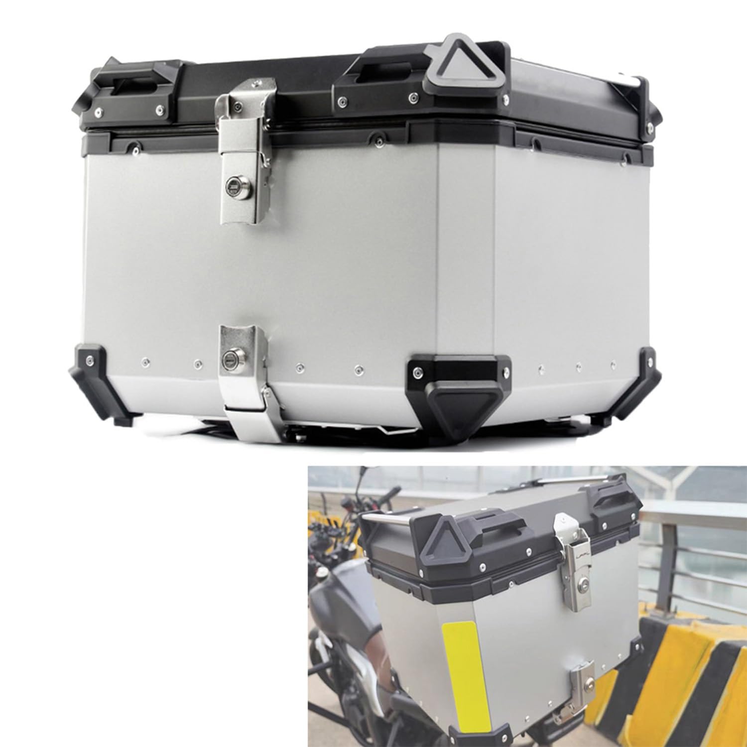 Top Case Moto 65L en Alu Argent : Coffre de Rangement Étanche avec Serrure de Sécurité