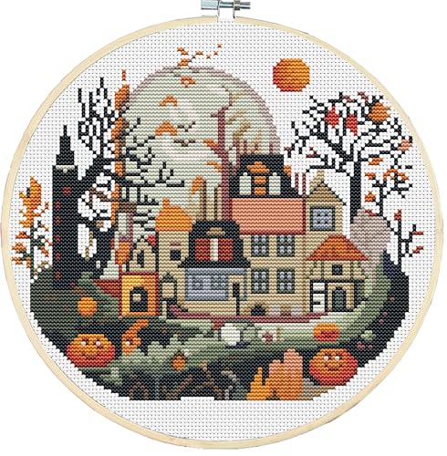Image of Generic Counted Easy Cross Stitch Kits Halloween Pumpkin Color Stamped Embroidery for Starter Kits DIY 11CT Stamped Patterns Embroidery Needlework Kit Supplies 12 Inch Hoop Included(33-X)