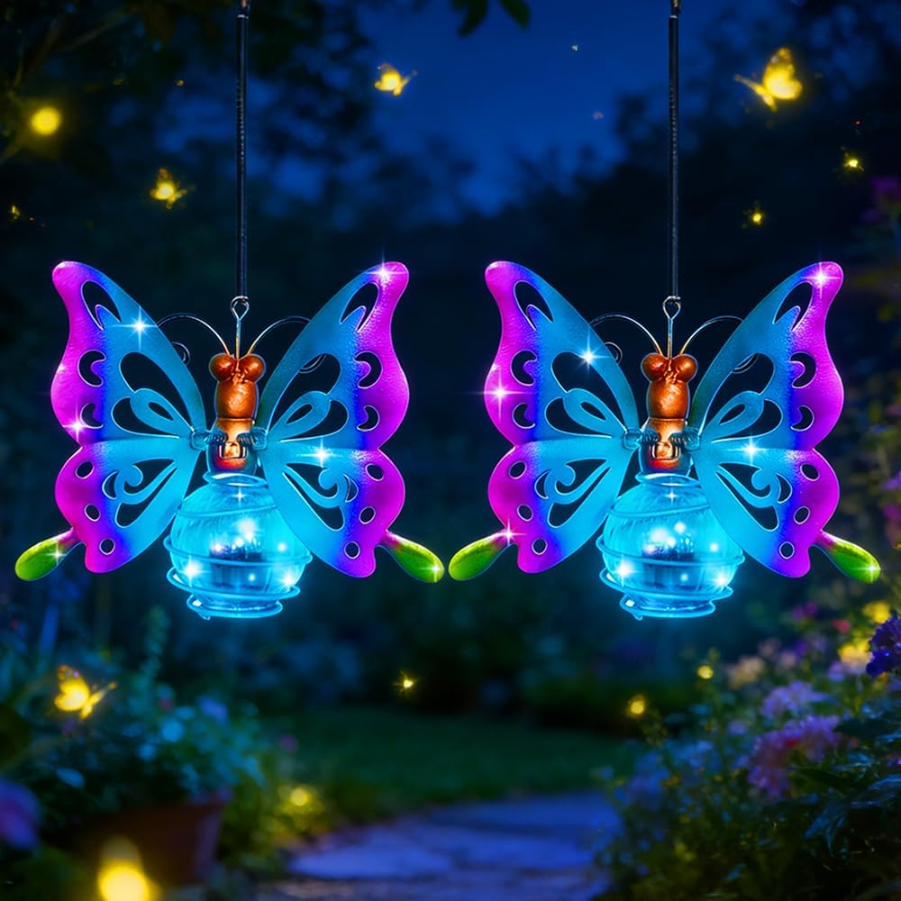 Papillon Décoratif Lampe Solaire,2 Pièces Lampe Solaire Exterieur Jardin Décoration, Décoration de Jardin en Forme de Papillon,Étanche,Suspendu,Jardin,Cour,Terrasse