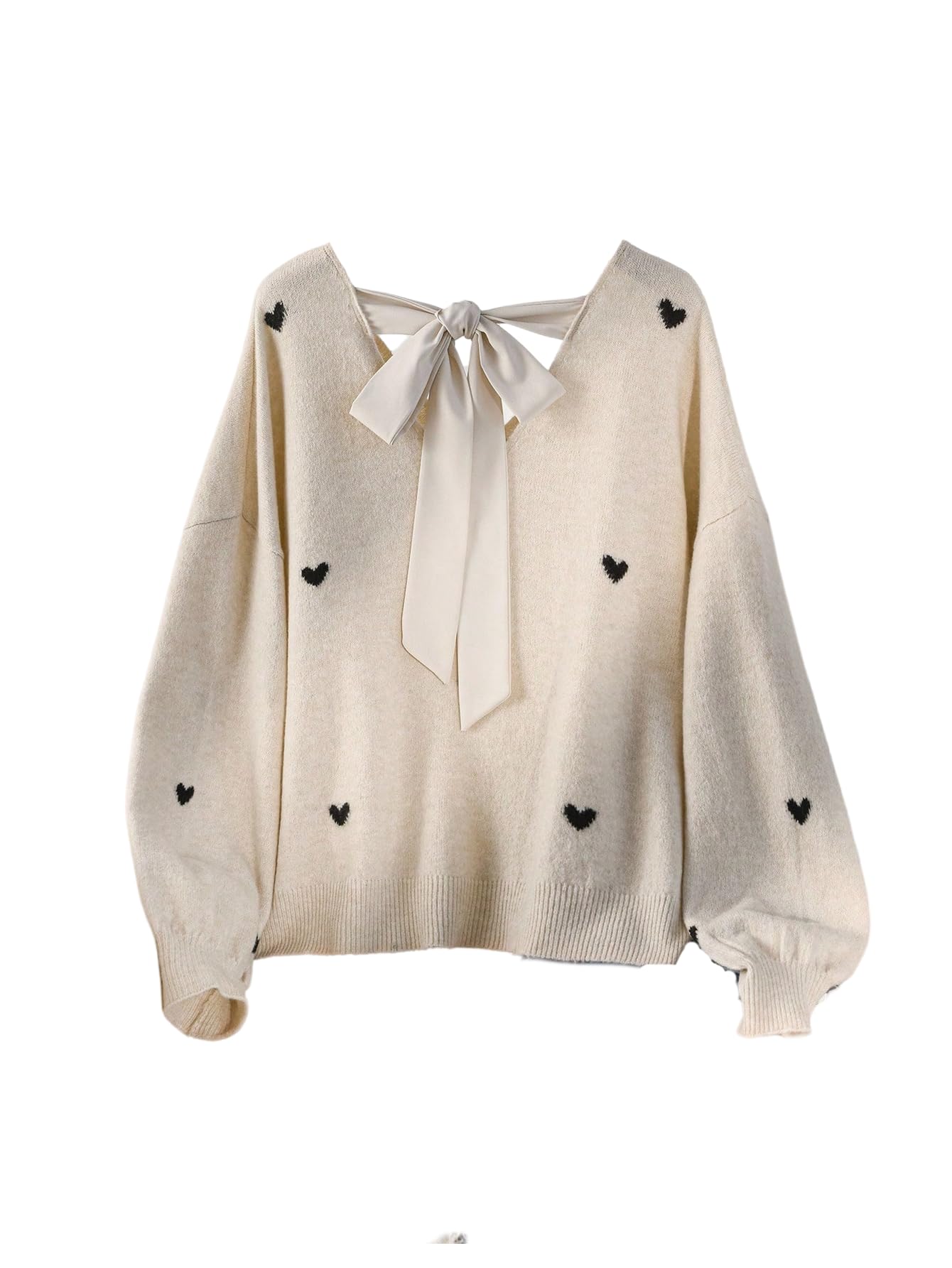 GORGLITTER Womens Plus Size Heart Sweater Bow Tie Back Long Sleeve V Neck Pullover Top