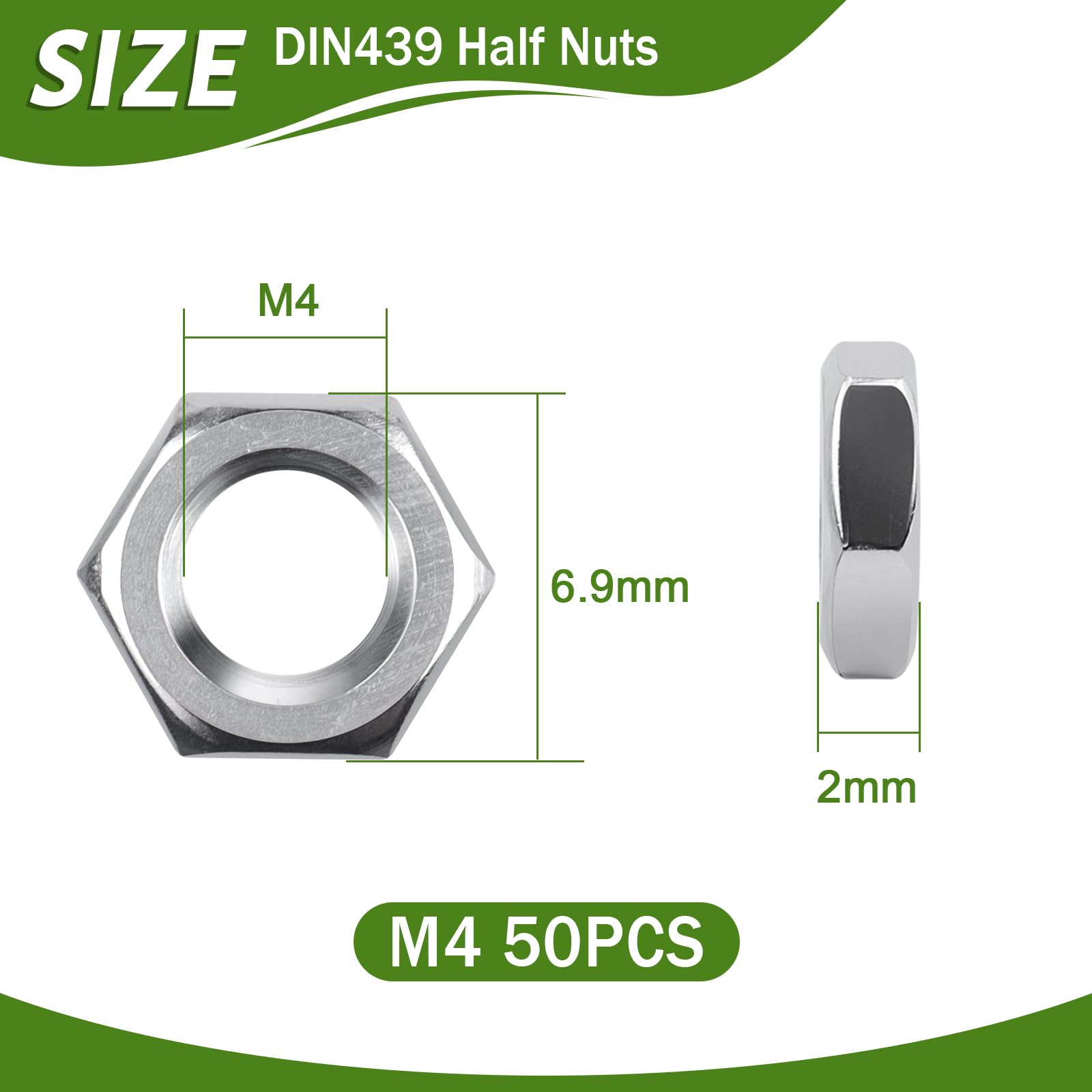 Dadi M4, 50 pezzi, dadi esagonali in acciaio inox (forma bassa), DIN439 A2 V2A, dadi in acciaio inox, dadi piatti esagonali per viti e rondelle e barre filettate
