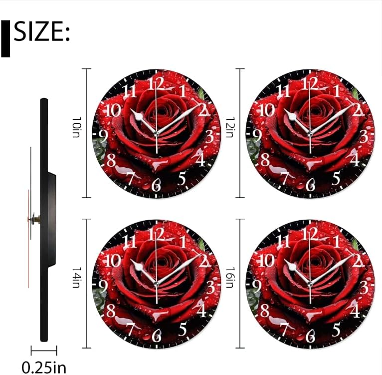 Battery Operated Round Wall Clock Non-Ticking Silent Analog Clcok Decorative for Living Room,Office,Kitchen-Red Rose with Water Droplets(14inch)