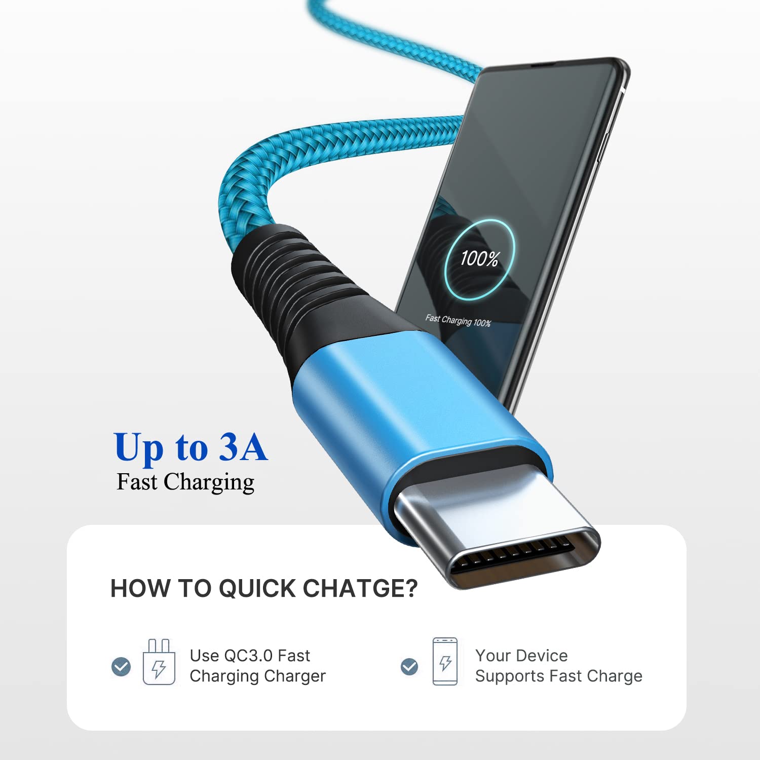 USB C Cable 3A Fast Charging 6FT 3Pack Nylon Type C Phone Charger Cord for Samsung Galaxy S22 S21 S20 S10 A02s A10e A11 A12 A20 A21 A32 A42 A52 Z Fold 4, Tablet, LG K92 K51, Moto, PS5