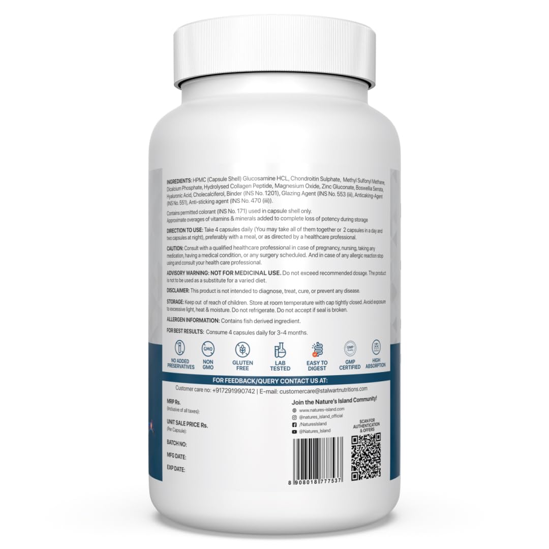 Nature’s Island Glucosamine Capsules support joints, cartilage & muscles with Glucosamine 1500mg, Chondroitin, MSM, Collagen, Calcium & D3. Relieves joint pain & boosts mobility, 120 capsules. — Amazon image 9