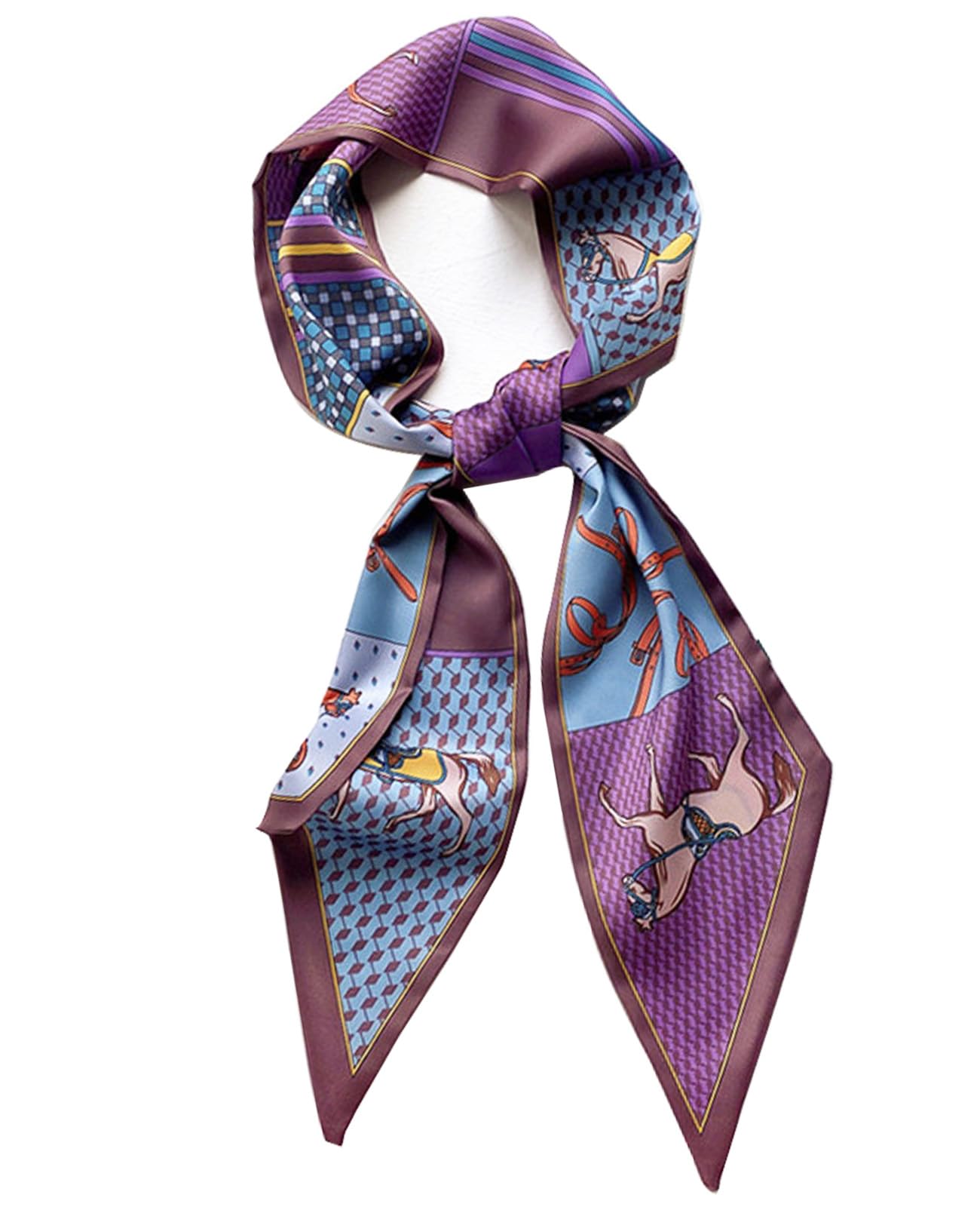 Clysoru Women's Purple Horse Brown Edge Silk Neck Scarf Printed Scarves Head Fashion Oblique Angle Satin Scarfs For Bag Hair 59” X 5.9”, 59 * 5.9In