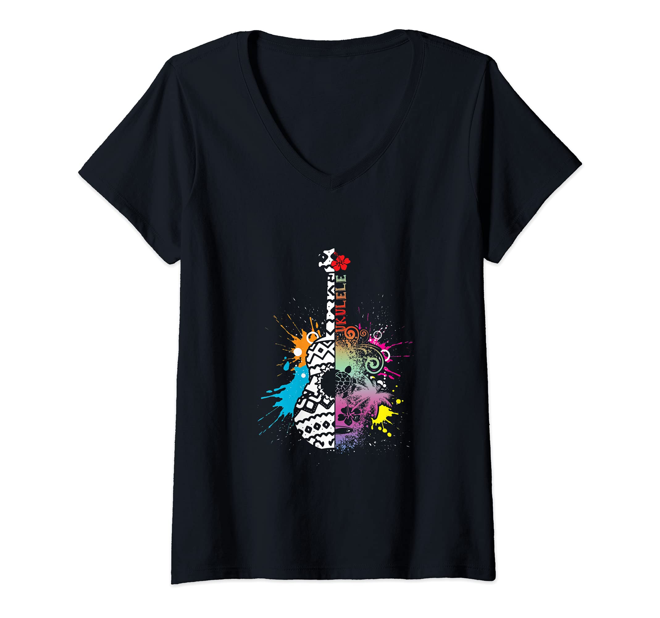 Womens Colorful Hawaiian Musician Uke Guitar Acoustic Hawaii Aloha V-Neck T-Shirt, Black