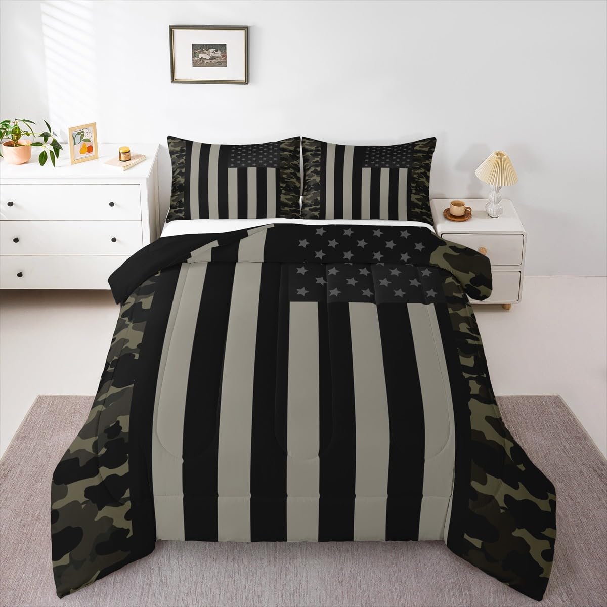 American Flag Comforter Set Full Military Camo Down Comforter,Retro Army Green Camouflage USA Flag Bedding Set For Kids Boys Teens Men Bedroom,Black