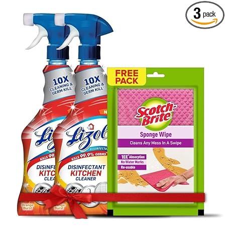 Lizol 450ml (Pack of 2) + Free Scotch Brite-Sponge Wipe, Kitchen Cleaner Spray | Suitable for all Kitchen Surfaces, Gas Stove, Countertop, Tiles, Chimney and Sink | Kills 99.9% germs