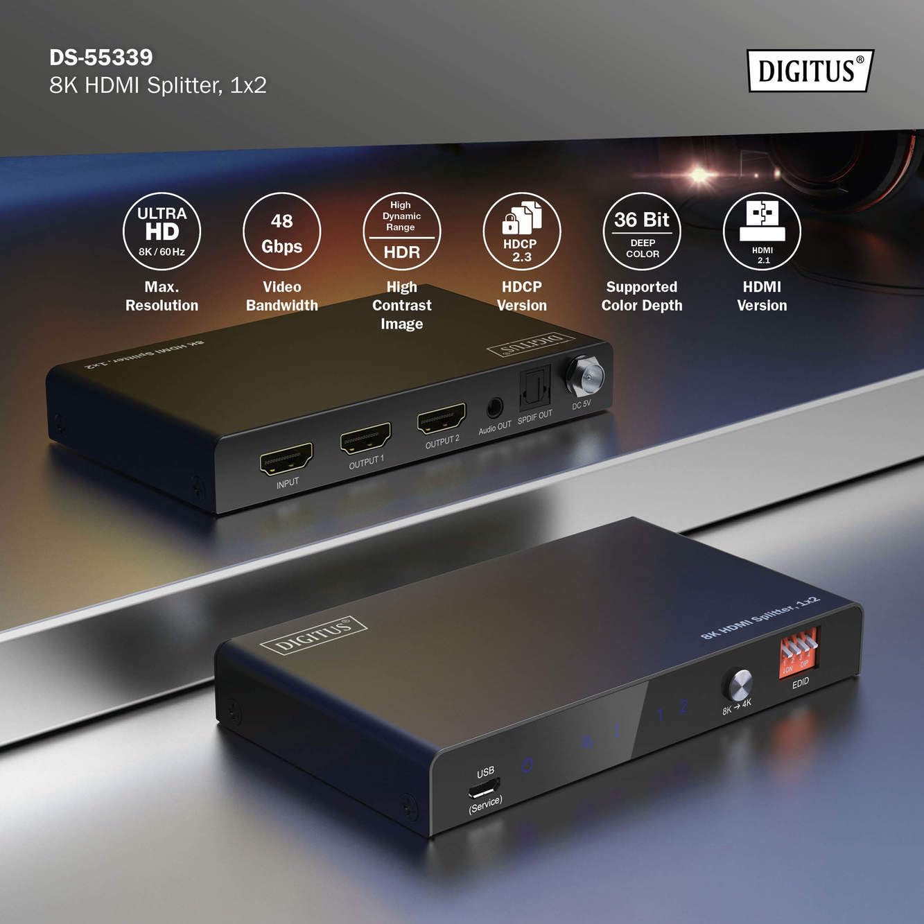 DIGITUS HDMI Splitter 1x2 – Eingang 1-Port Ausgang 2-Port – UHD 8K 60Hz