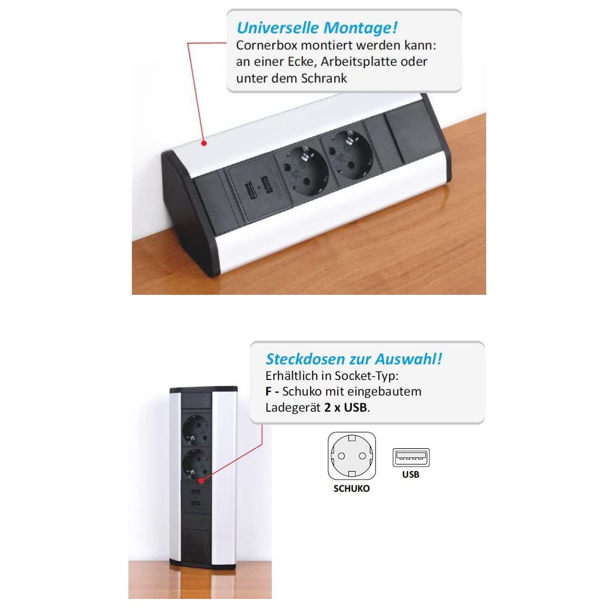 Ciabatta elettrica in alluminio a 2 prese + USB