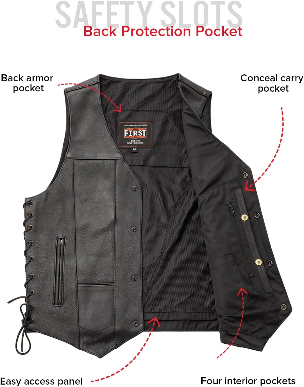 First Mfg Co - Top Biller - Men's Motorcycle Biker Riding Black Leather Vest