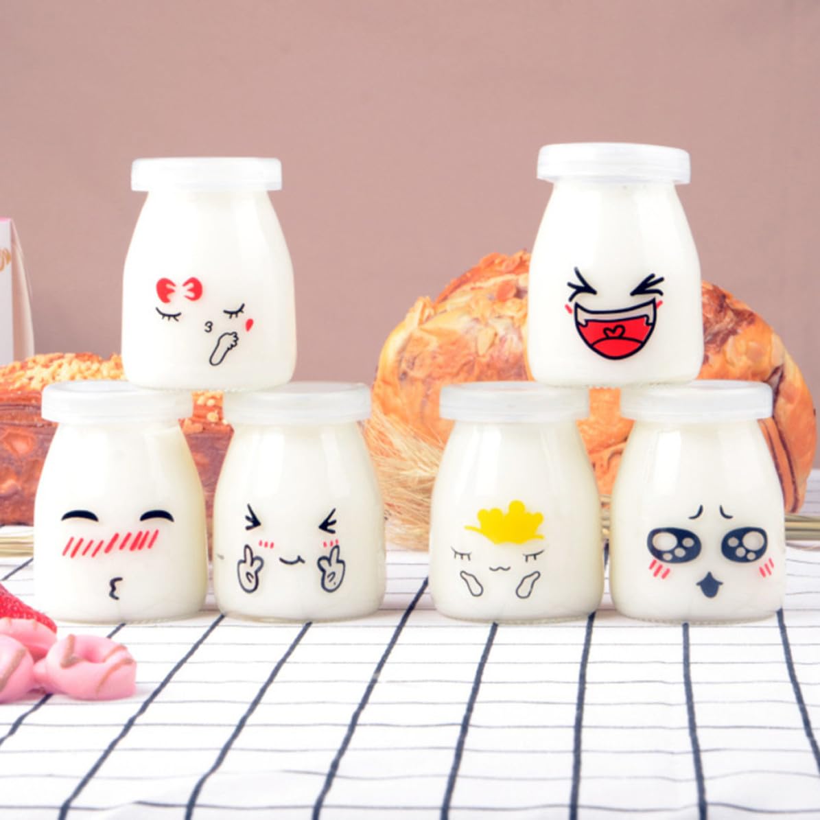 SOLUSTRE 10pièces Lot de Bocaux Verre pour Yaourt et Pudding Résistant Chaleur Motifs Visages Cartoon Aléatoires Pots de Dessert Pratiques et Durables Plusieurs styles
