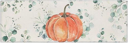 Miniatura 249 de Alfombras y tapetes de cocina Hello Fall, 2 unidades, color azul, naranja, calabaza, hoja de arce, pájaros, alfombras antideslizantes con pasillo