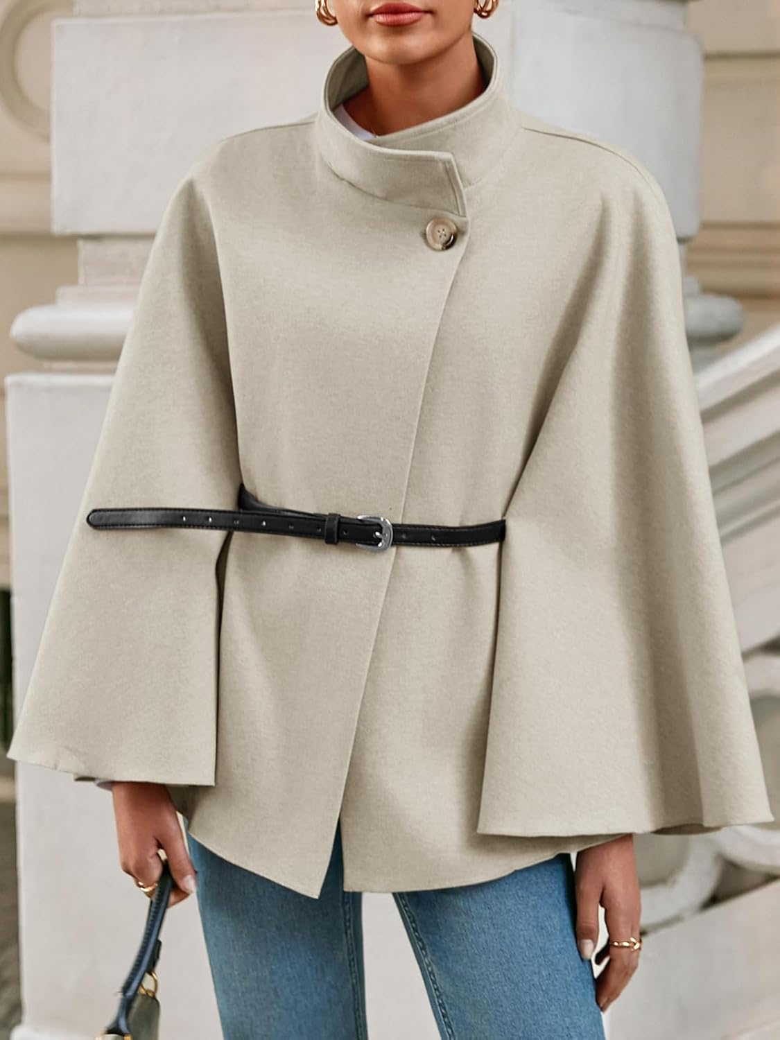 Womens Poncho Pea Coats Batwing Sleeve Stand Collar Belt Jacket Top Casual Elegant Fall Winter Cape Coat - Image 2