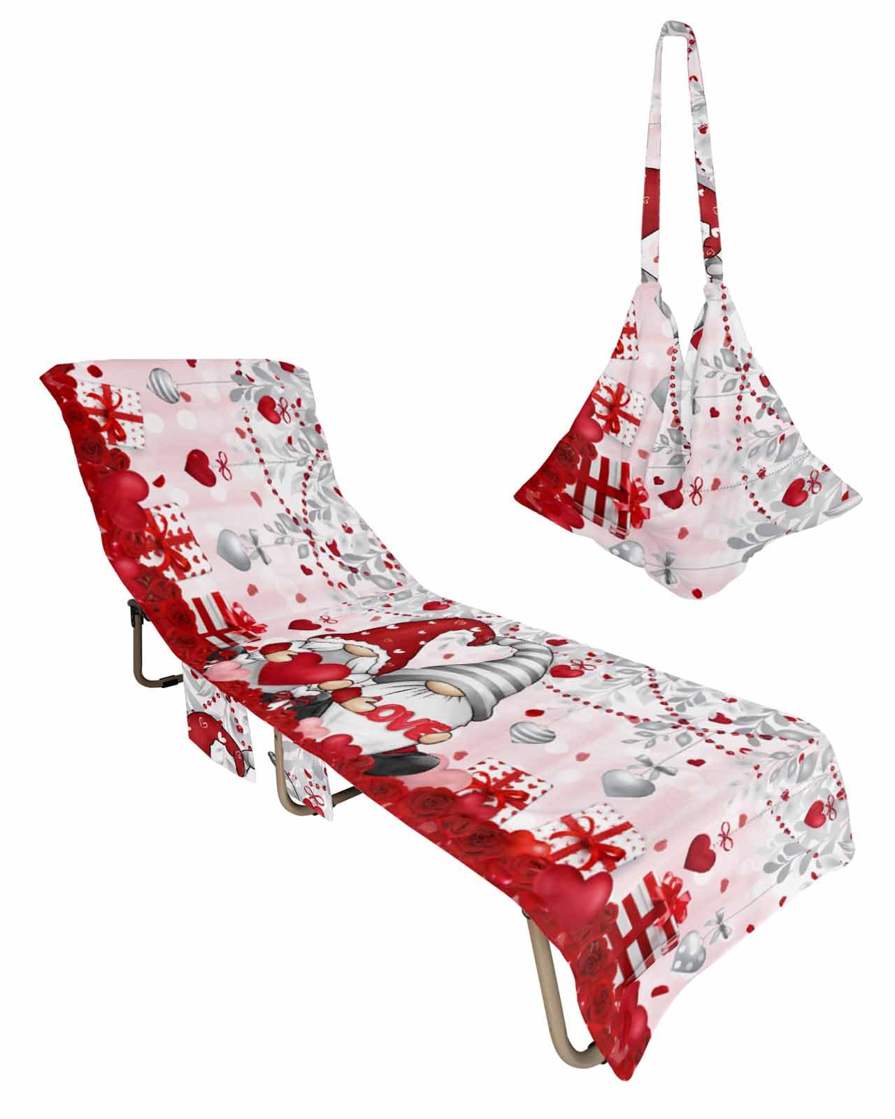 Gnomes Valentines Day Beach Lounge Chair Towel Cover, Soft Chaise Lounge Towel with Side Pockets Patio Pool Chairs Cover for Beach/Pool Sunbathing 29x85 Red Grey Pink Love Heart Floral