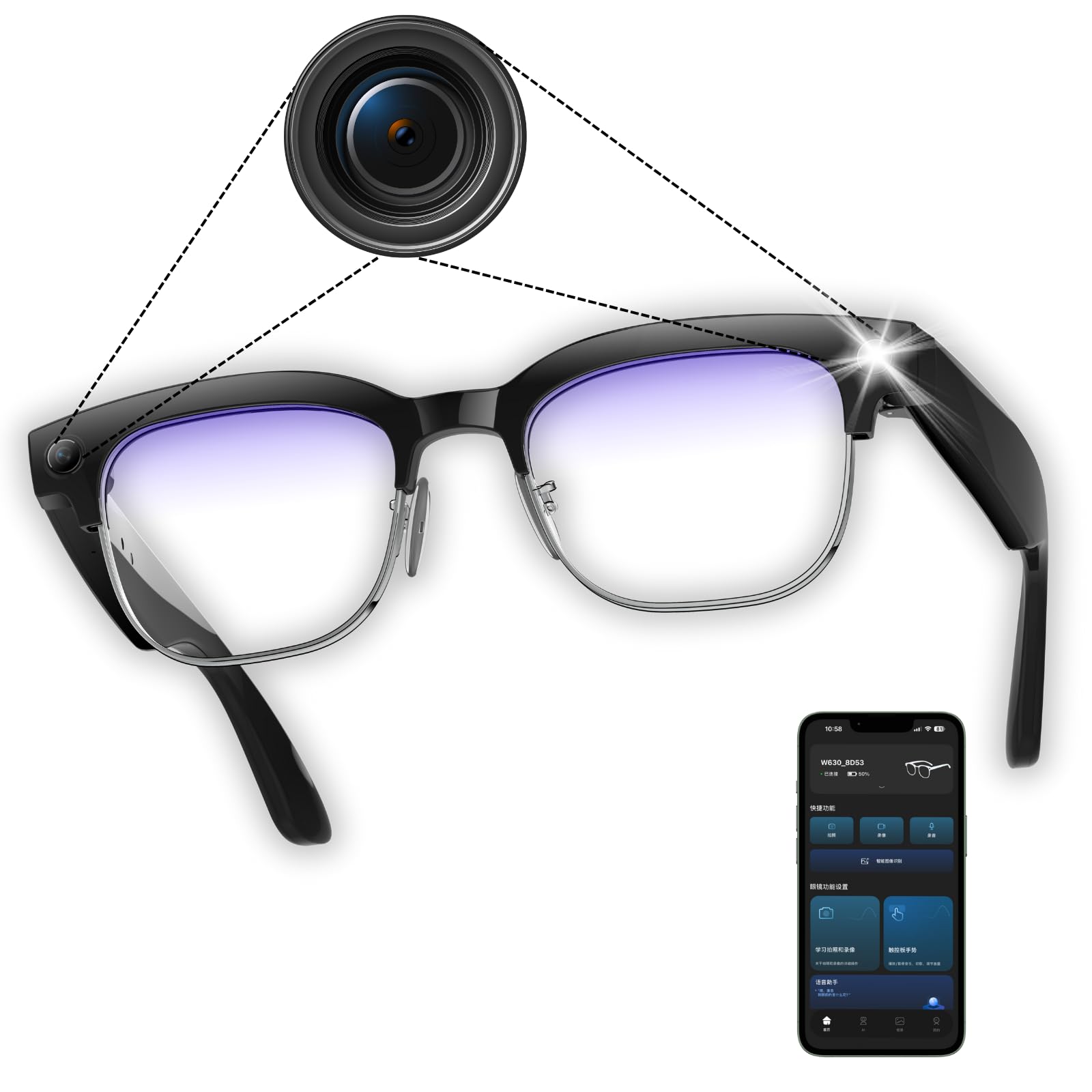 Smart Camera Glasses 8MP Photo Smooth 4K Video AI Object Recognition Real-Time Translation Bluetooth Audio Calls Dual-Mic Noise