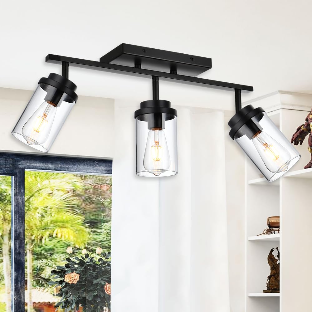 Lighting 3-Light Track Lighting with Metal Rotatable Light Head Clear Glass Ceiling Track Light Kit for Kitchen Cabinet Gallery Bar Office Black Spot Track Lights