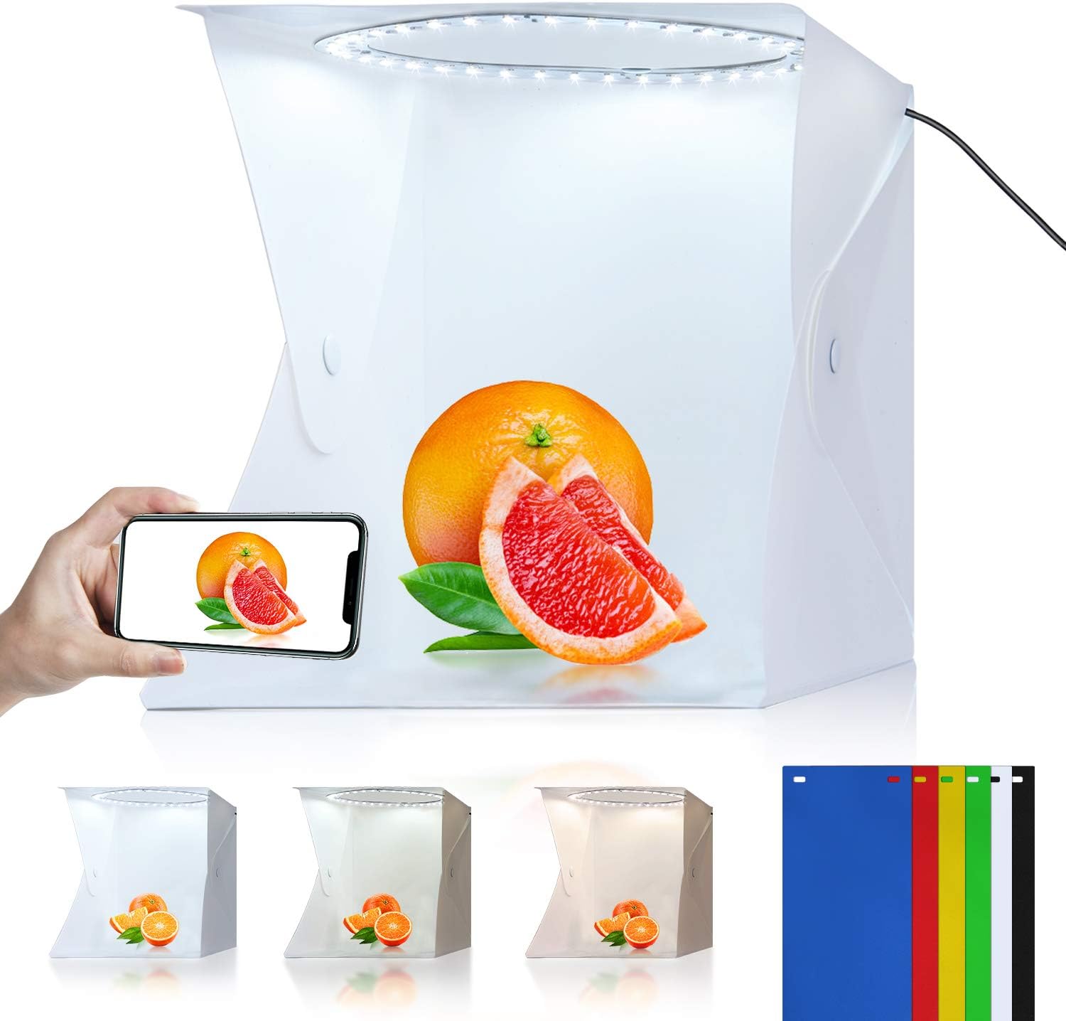 Yesker Mini Photo Light Box 22cm with 80 LED Bead 3200-6500K White Warm Soft Color Brightness Dimmable 6 Background Portable Photo Booth Tent for Photography Shooting Small Item Display