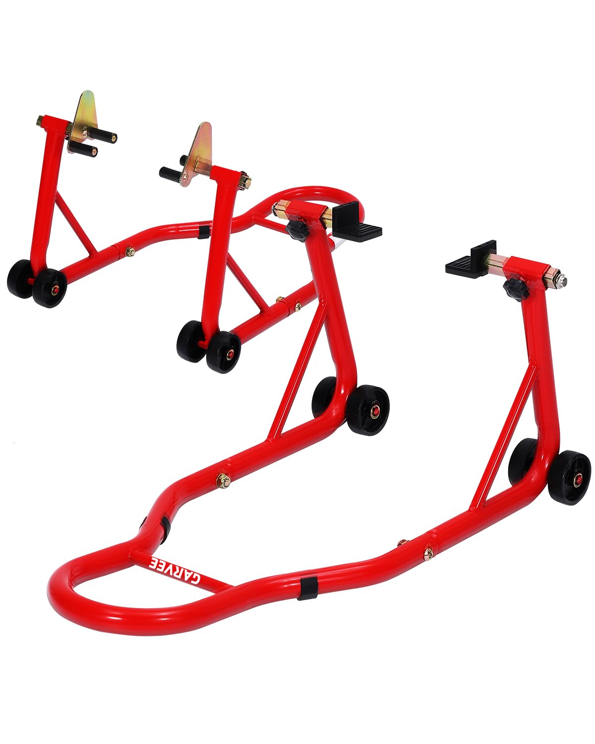 Garvee Supporti per moto anteriori e posteriori, set di sollevamento ruote anteriori e posteriori da 408,2 kg con adattatori a pin + bobina per braccio oscillante regolabile a L, supporti universali