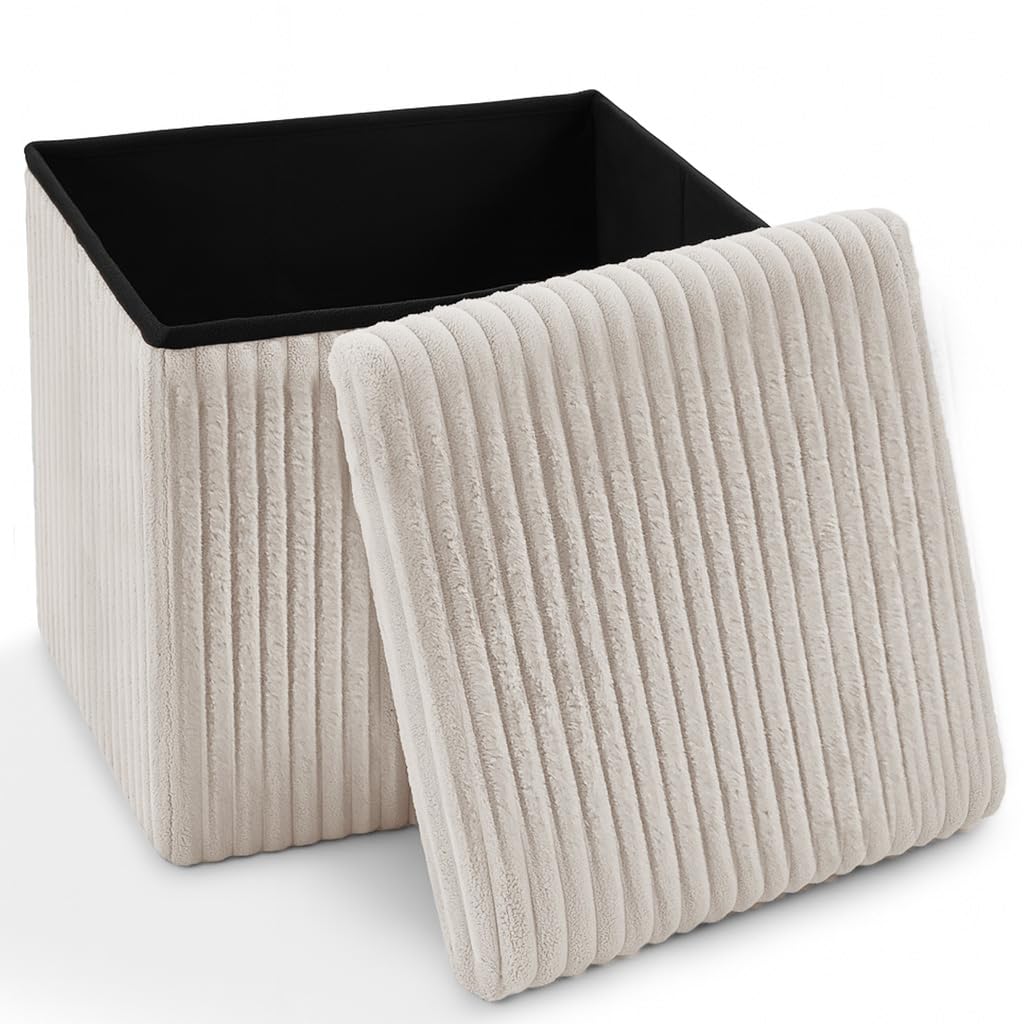 Home Republic Corduroy Ottoman Storage Box – Foldable Footstool with Lid – Soft Toy Chest Bench for Kids Room, Nursery, Bedroom or Living Room (Cream, 38 x 38cms)