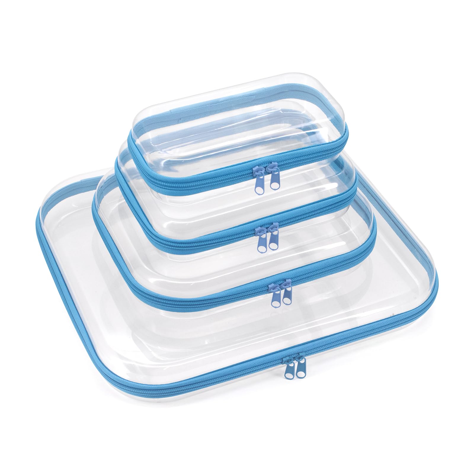 Seahelms 4-Piece Clear Hard Zipper Cases, Waterproof Travel Toiletry Bags, Double Zipper Clear Hard Toy Bags for Board Games, Building Blocks, Puzzles, Travel Gear & Cosmetics. (Blue)