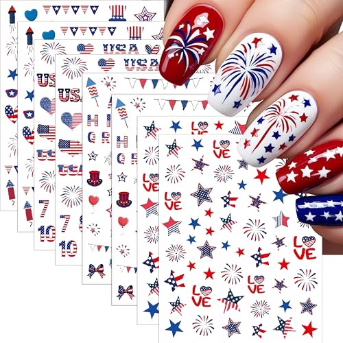 8 Sheets 4th of July Nail Stickers for Nail Art 3D Self Adhesive Independence Day Nail Art Stickers American Flag Stars Letters Fireworks Number Nail Decals Patriotic Manicure Decorations for Women