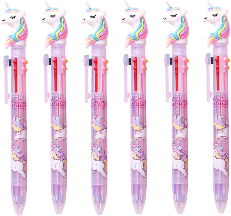 Shulaner Retractable Unicorn Ballpoint Pens Multicolor Pens 0.5mm 6 Colors Ink (Black, Blue, Sky Blue, Yellow, Red and Green) in One Ballpoint Pen Pack of 6