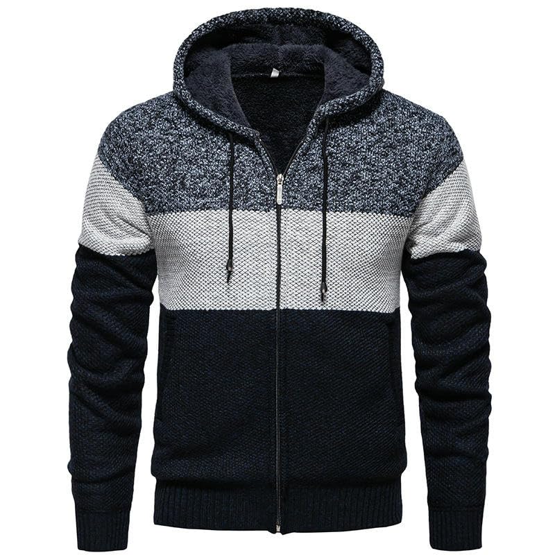 Men's Autumn Winter Loose Plush Lined Color Block Hooded Knit Sweater Cardigan3