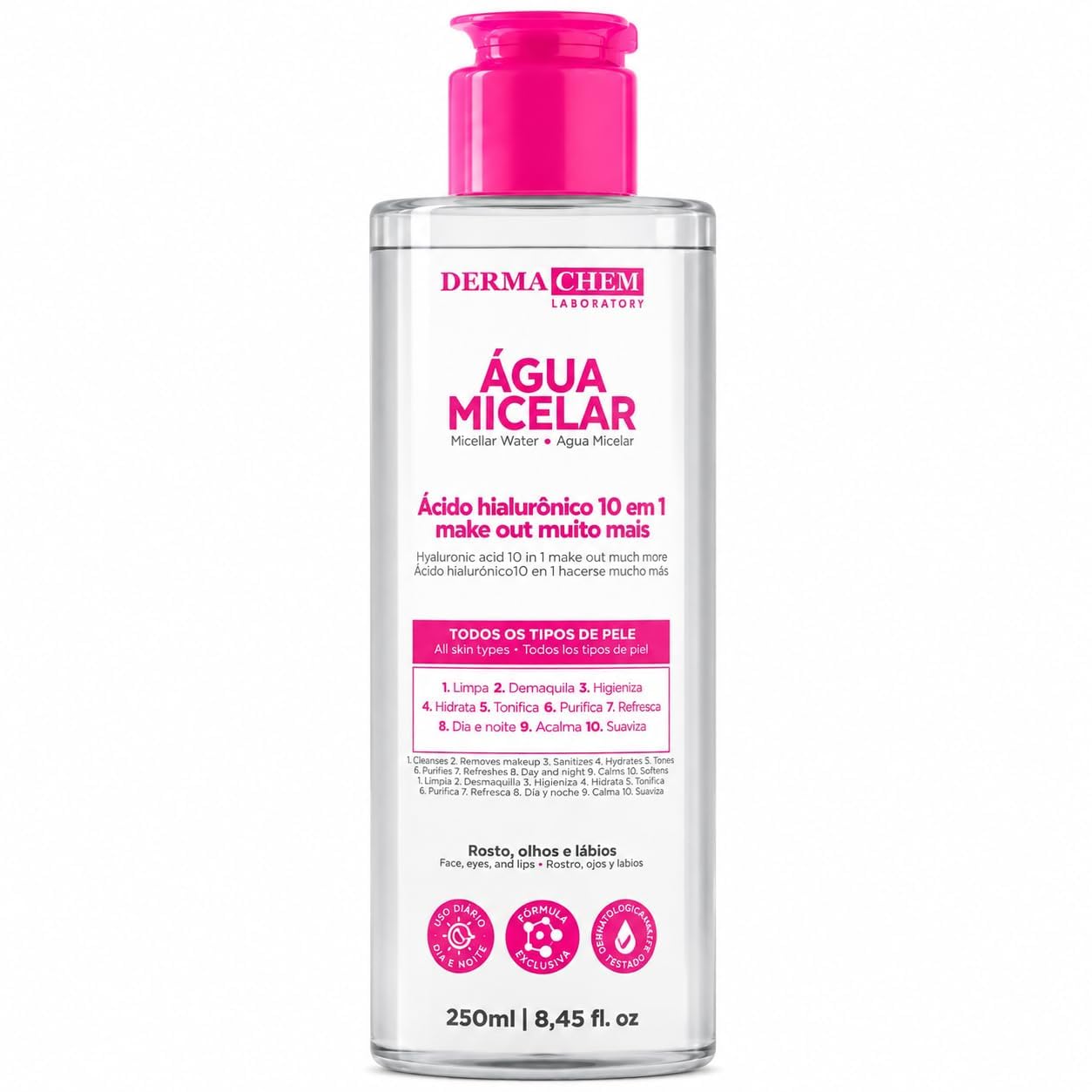 Água Micelar Ácido Hialurônico 250ml Dermachem Demaquilante Facial 10 em 1
