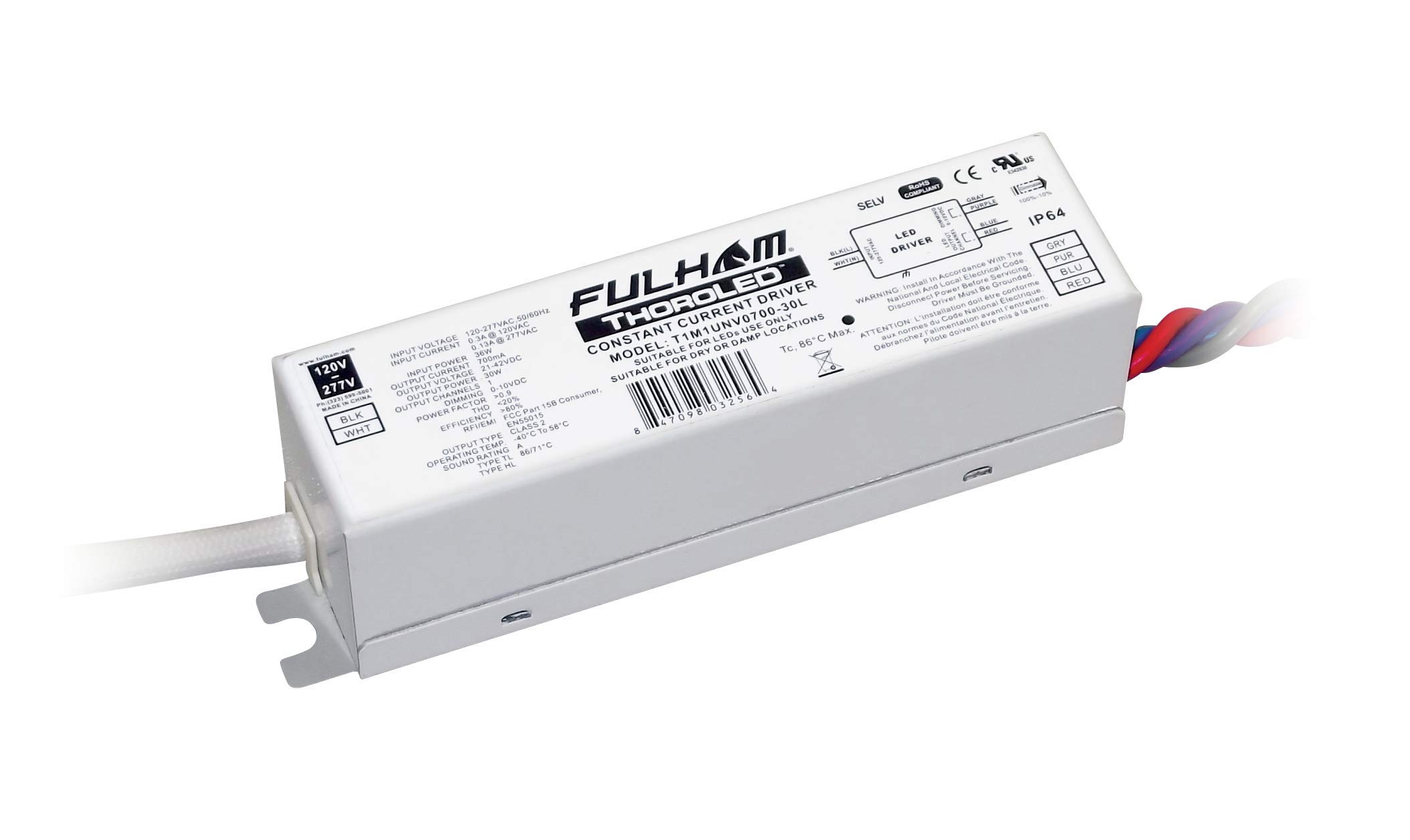 Fulham Lighting T1M1UNV0700-30L ThoroLED-Single Channel-0-10V Universal Voltage Input-700mA Constant Current Output-30W Max-21-42 VDC-Long case w/Side Leads-IP64 Dimming LED Driver