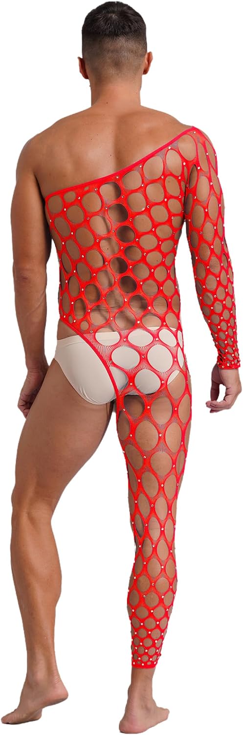 Jugaoge Men's Fishnet Rhinestone Bodystocking One Shoulder Sheer Tights Bodysuit Jumpsuits Underwear