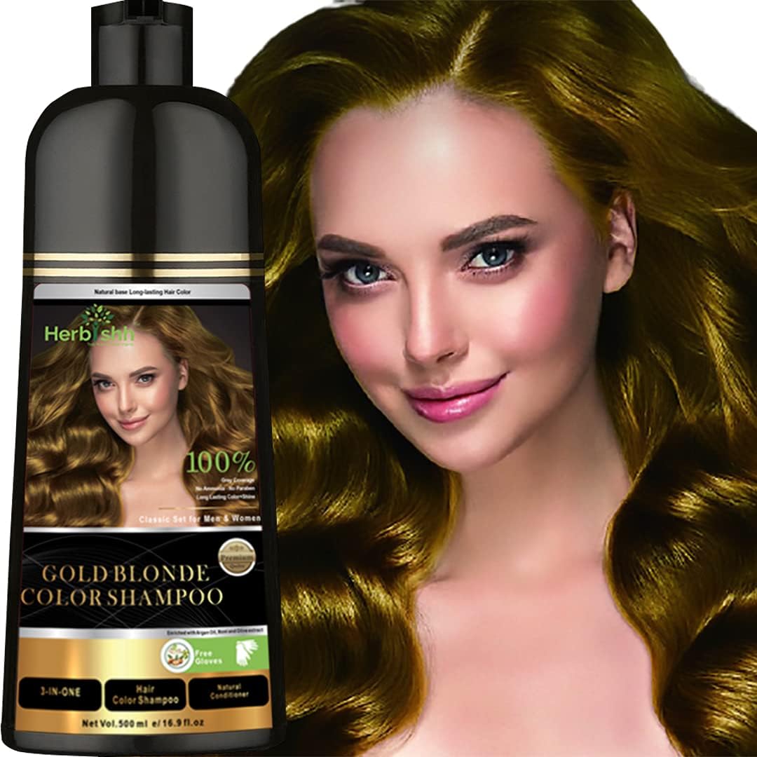 Herbishh Hair Color Shampoo for Gray Hair – Natural Hair Dye Shampoo – Colors Hair in Minutes–Long Lasting–500 Ml–3-In-1 Hair Color–Ammonia-Free | Herbishh (Gold Blonde)