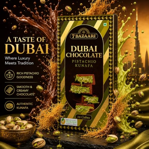 Image of 7 BAZAARI Dubai Chocolate Pistachio Kunafa Dessert | Viral Sweet | Milk Chocolate Stuffed Kunafa with Pistachios | Crispy Knafeh Bites | Luxury Middle Eastern Dessert Gift Box, 10 pcs
