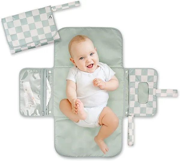 Tiny Twinkle Portable Diaper Changing Pad-Foldable Waterproof Changing Mat&Portable Changing Pad for Travel,Baby Changing Station with Smart Wipes Pocket&Storage (Sage Checkers)