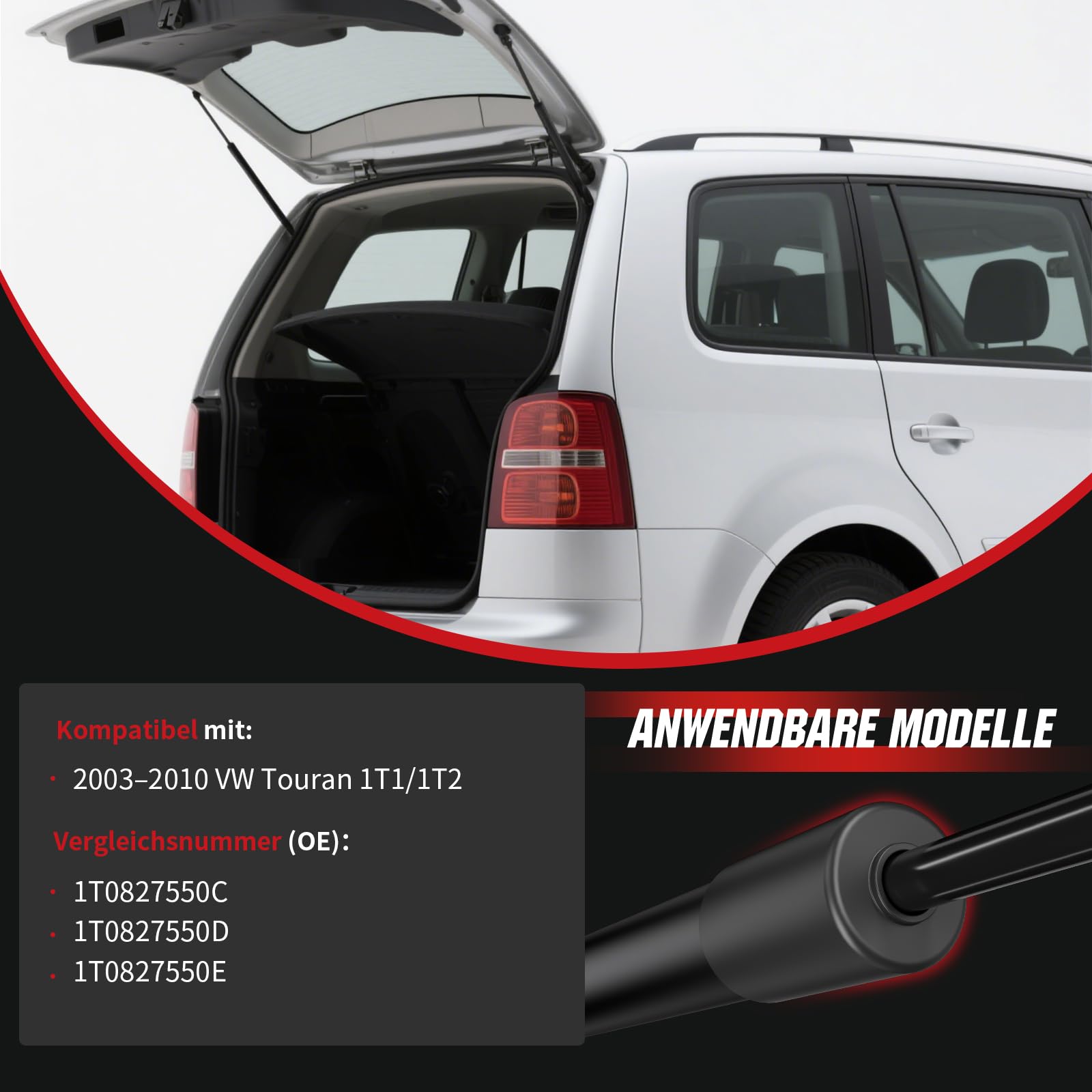 Gasfeder per portellone posteriore compatibile con VW Touran 1T1/1T2 (2003–2010), OTUAYAUTO 2 pezzi ammortizzatori per portellone posteriore – sostituisce 1T0827550C, 1T0827550D, 1T0827550E