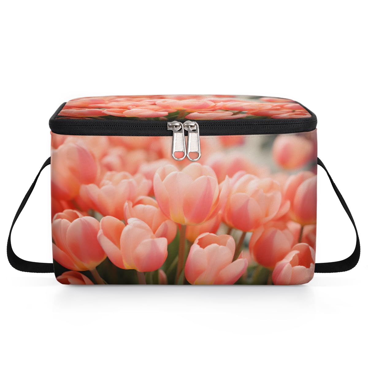 GzLeyigou Pinks Tulips Lunch Bags for Women Men 9 Cans, Hot & Cold Food Delivery Bag Insulated Grocery Bag Insulated Lunch Box Beautiful Floral Cooler Bag for Office Work Picnic Beach