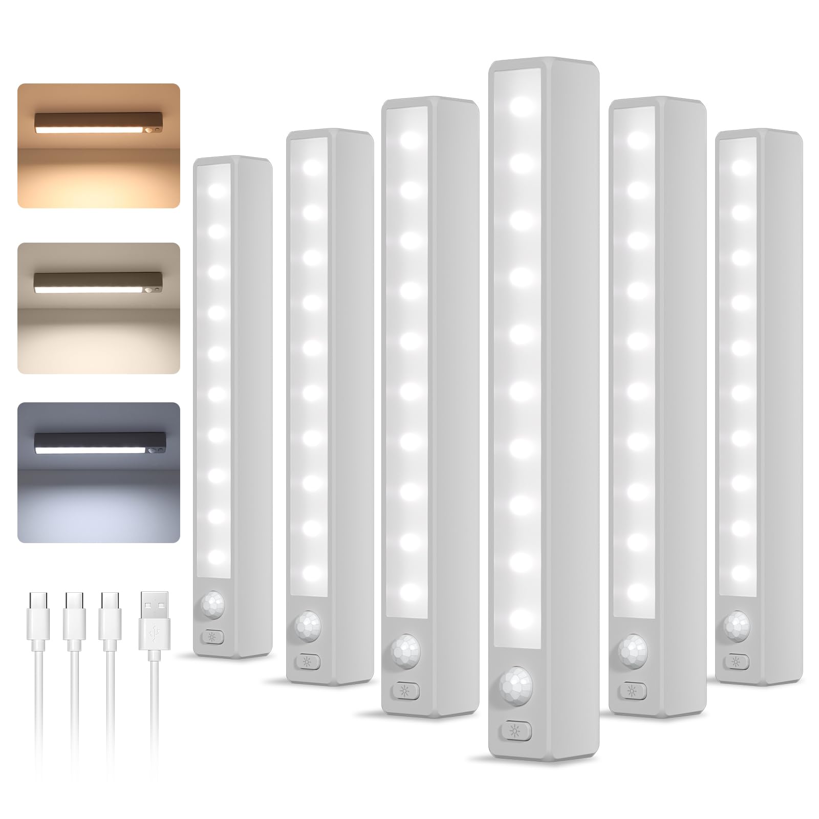 Lampe LED Compacte pour Meubles avec Détecteur de Mouvement, 18 cm, idéale pour les escaliers, avec Températures de Couleur 7000/4500/3000 K, Réglage de la Luminosité(Pack de 6)