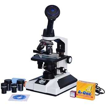 E.S.A.W MONOCULAR COMPOUND MICROSCOPE with SEMI PLAN ACHRO OBJECTIVES AND 5.0MP CMOS CAMERA with SOFTWARE and USB CABLE, 40X-1500X Magnification, LED Illumination with KIT(50 BLANK SLIDES+COVER SLIPS+ DUST COVER)