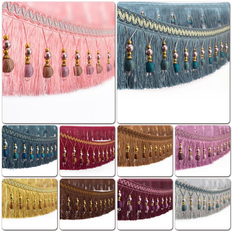 Finiture con frange e nappe con perline da 3 metri - Elegante decorazione for tende in poliestere con palline di pon pon for decorazioni for la casa fai da te(Gray)