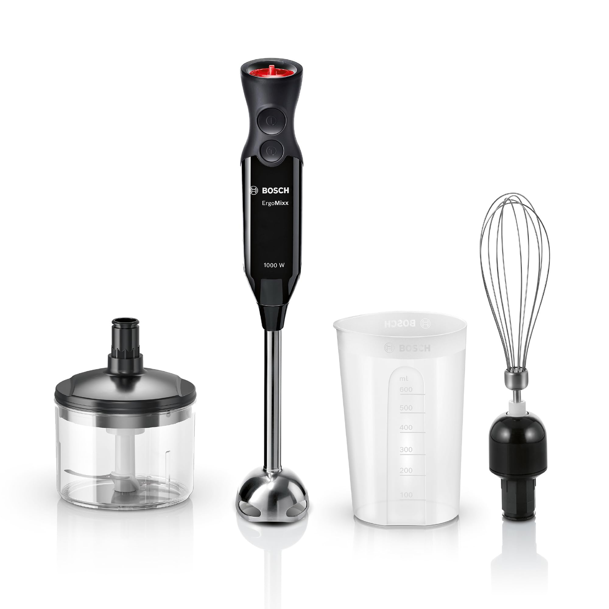 Bosch Frullatore a Immersione MS61B6150, 1000 W, Impugnatura Ergonomica, Lama a 4 ali Acciaio Inox,12 Velocità e Funzione Turbo, Accessorio Tritatutto e Frusta, Bicchiere Graduato, Nero