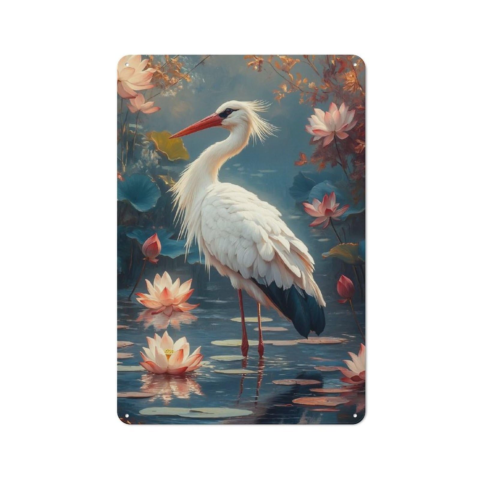 Junmoney Style-12 Rustic Tin Sign 30X20cm Featuring Stork In Lotus Pond For Garage Or Workshop, For Garage, Workshop And Man Cave Decoration