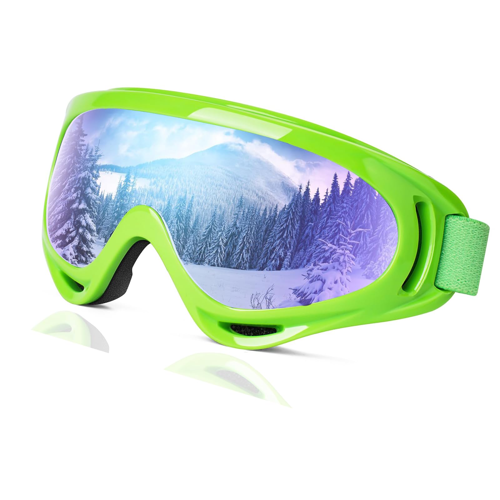 Ski Goggles,UV Protection OTG Snowboard Goggles, Quality TPU Motorcycle Goggles with Soft Thick Foam,Anti-fog Unisex Winter Goggles for Men Women Adult Youth, High Optical Clarity/Anti-Scratch, Green