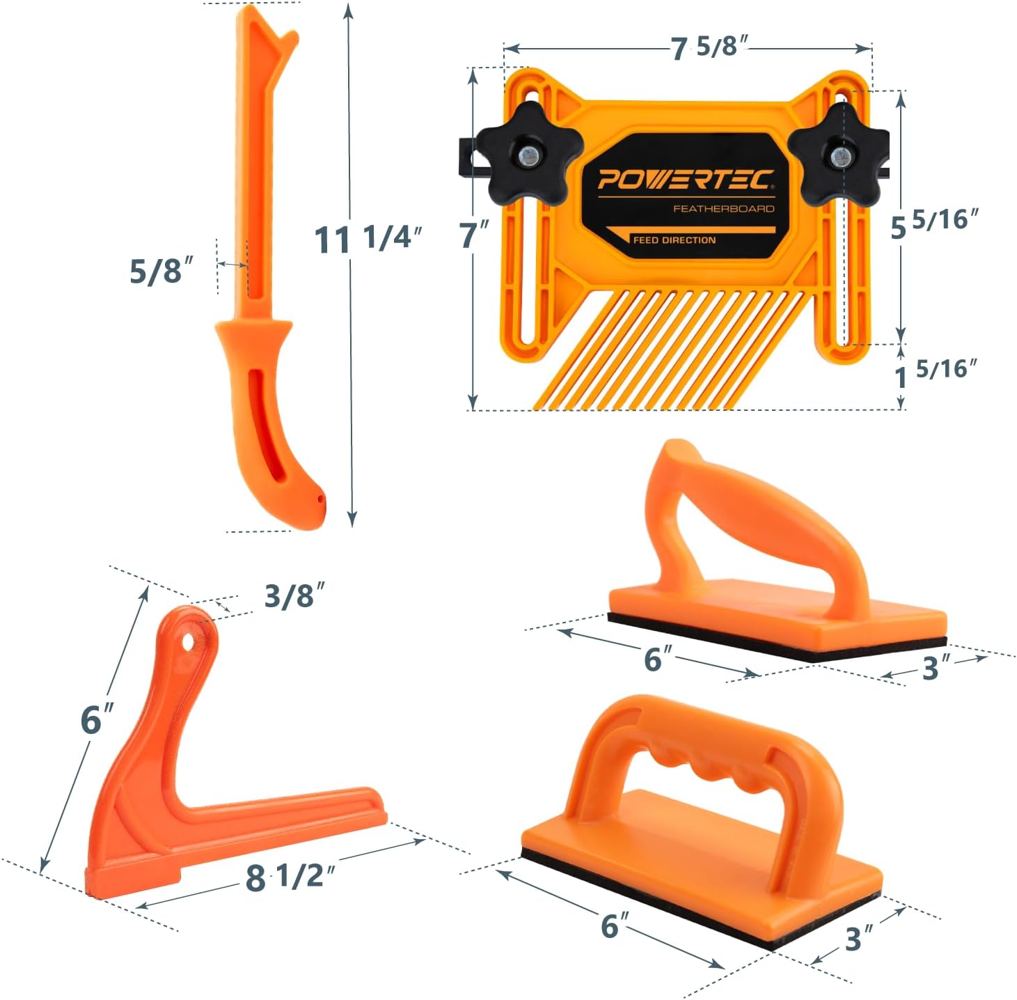 POWERTEC Tandem Featherboard and Push Sticks, Push Blocks Fits Table Saws, Router Tables, Band Saws & Jointers, Wood Pusher Reduces Kickback & Increases Safety for Wood working Accessories. 5PK(71818)